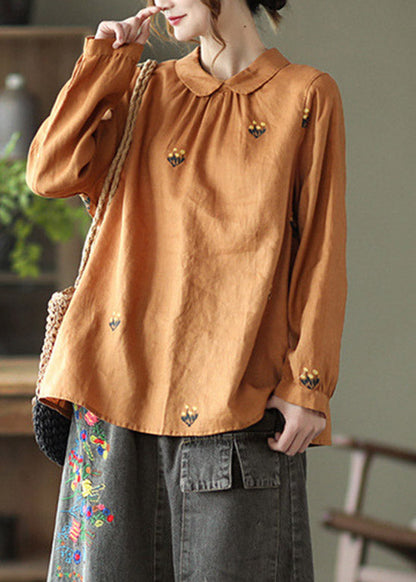Orange Peter Pan Collar Embroidered Linen Shirt Long Sleeve