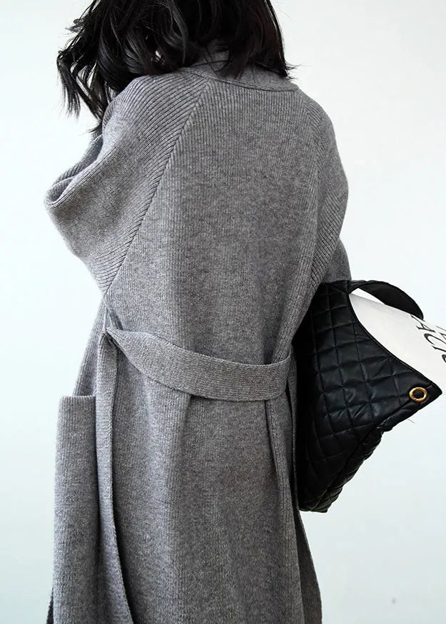 Grey Pockets Tie Waist Knit Loose Cardigans Spring