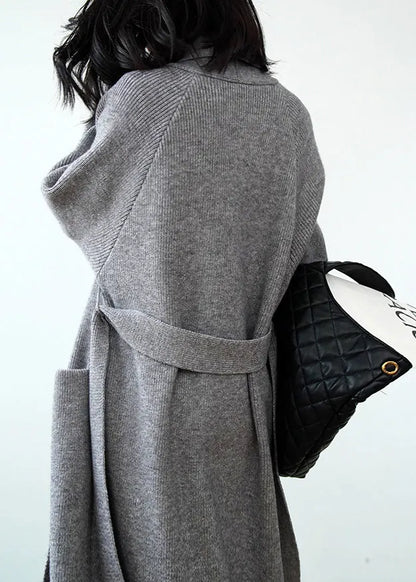 Grey Pockets Tie Waist Knit Loose Cardigans Spring
