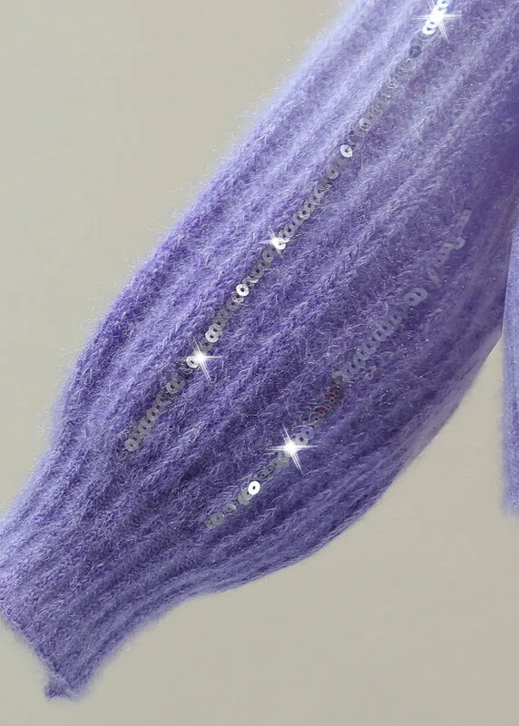 Modern Purple O-neck Sequins Cotton Knit Sweater Winter
