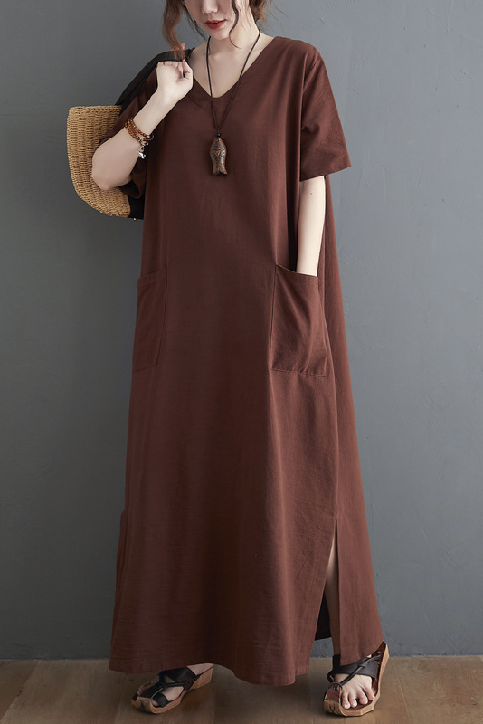 New Loose Short Sleeve Dress Retro Cotton Linen Robe
