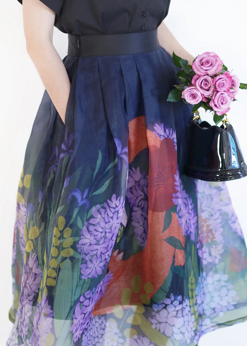 Blue Print Wrinkled Tulle Maxi Skirt