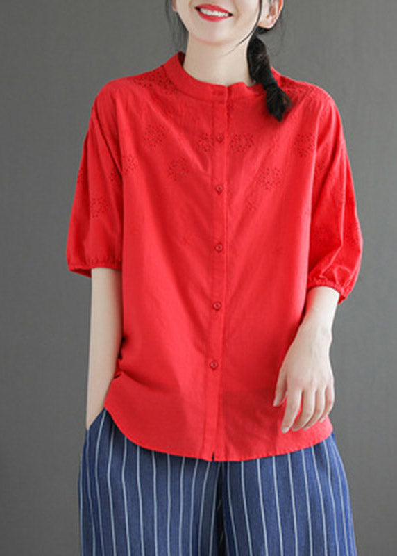 Light Blue Stand Collar Embroidered Button Cotton Shirt Half Sleeve