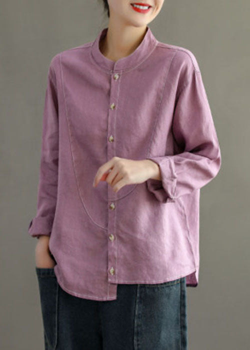 Navy Stand Collar Asymmetrical Patchwork Linen Shirt Top Long Sleeve