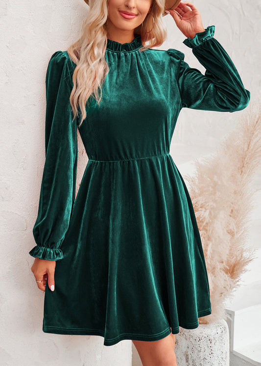Blackish Green Ruffled Patchwork Velvet Mid Dress Fall