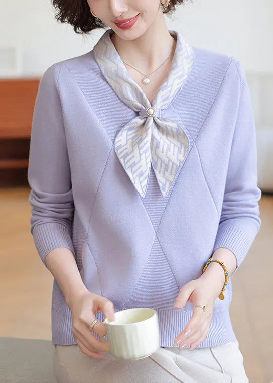 Lavender Bow Neck Striped Knit Shirts Winter