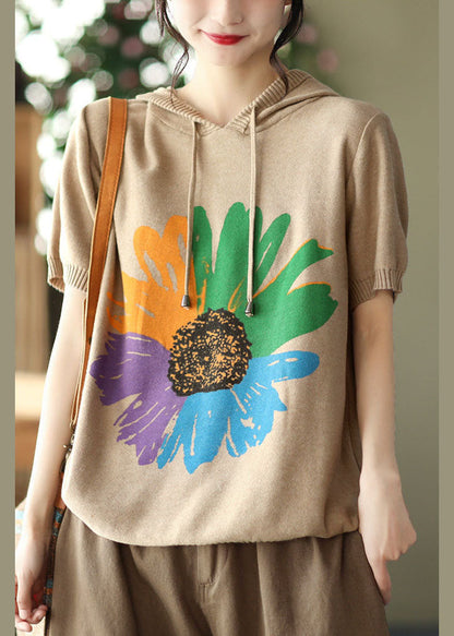 Khaki Print Knit Tank Tops Drawstring Short Sleeve