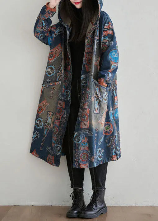 Navy Hooded Patchwork Print Denim Cardigan Spring
