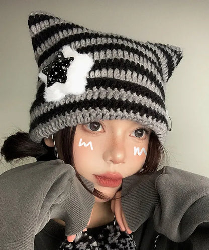 Striped Knitted Cat Ear Boonie Hat Autumn and Winter