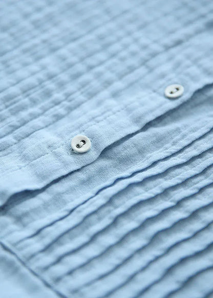 Light Blue Stand Collar Wrinkled Button Linen Blouse Tops Short Sleeve