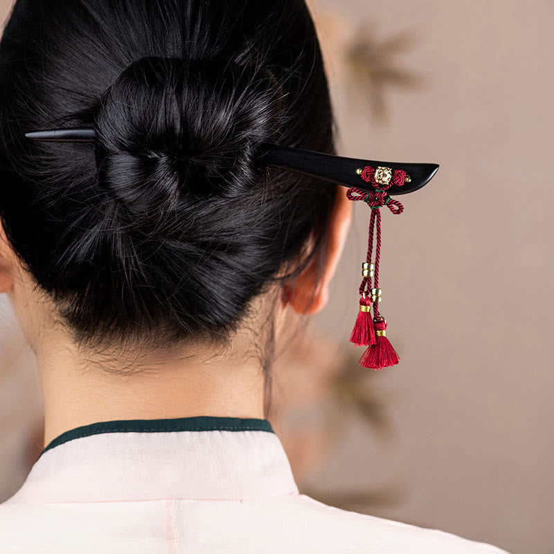 Ebony Hairpin With Red String Tassel for Protection & Luck