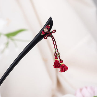 Ebony Hairpin With Red String Tassel for Protection & Luck
