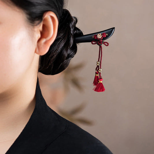 Ebony Hairpin With Red String Tassel for Protection & Luck