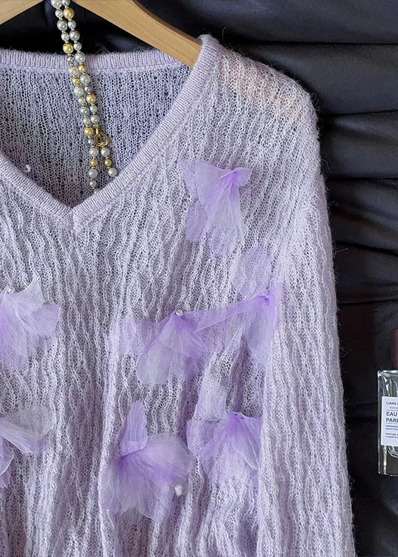 Unique Lavender V Neck Decorated Knit Pullover Fall