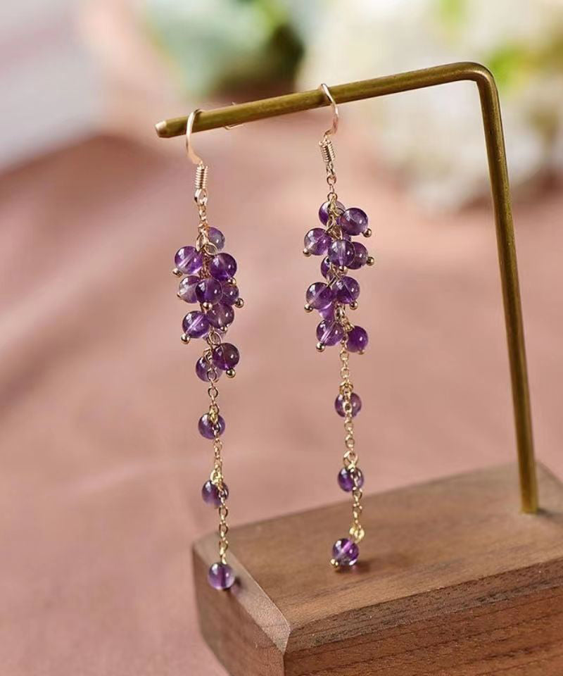 Style Purple Crystal Tassel 14k Gold Drop Earrings