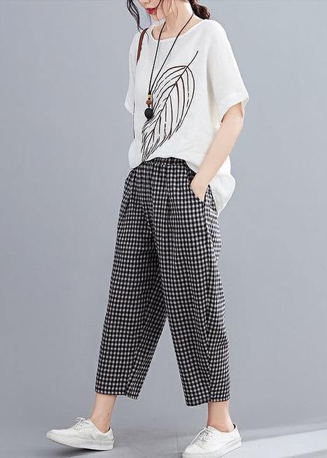 High-waist Cotton Linen Checked Harem Pants