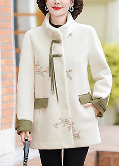 Green Pockets Print Mink Velvet Coats Long Sleeve