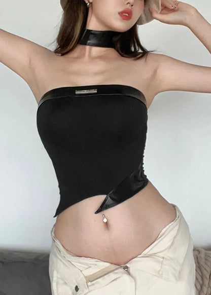 Boutique Black Asymmetrical Faux Leather Patchwor Backless Top Summer