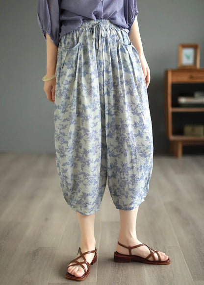 Original Design Green Pockets Print Linen Crop Pants Summer