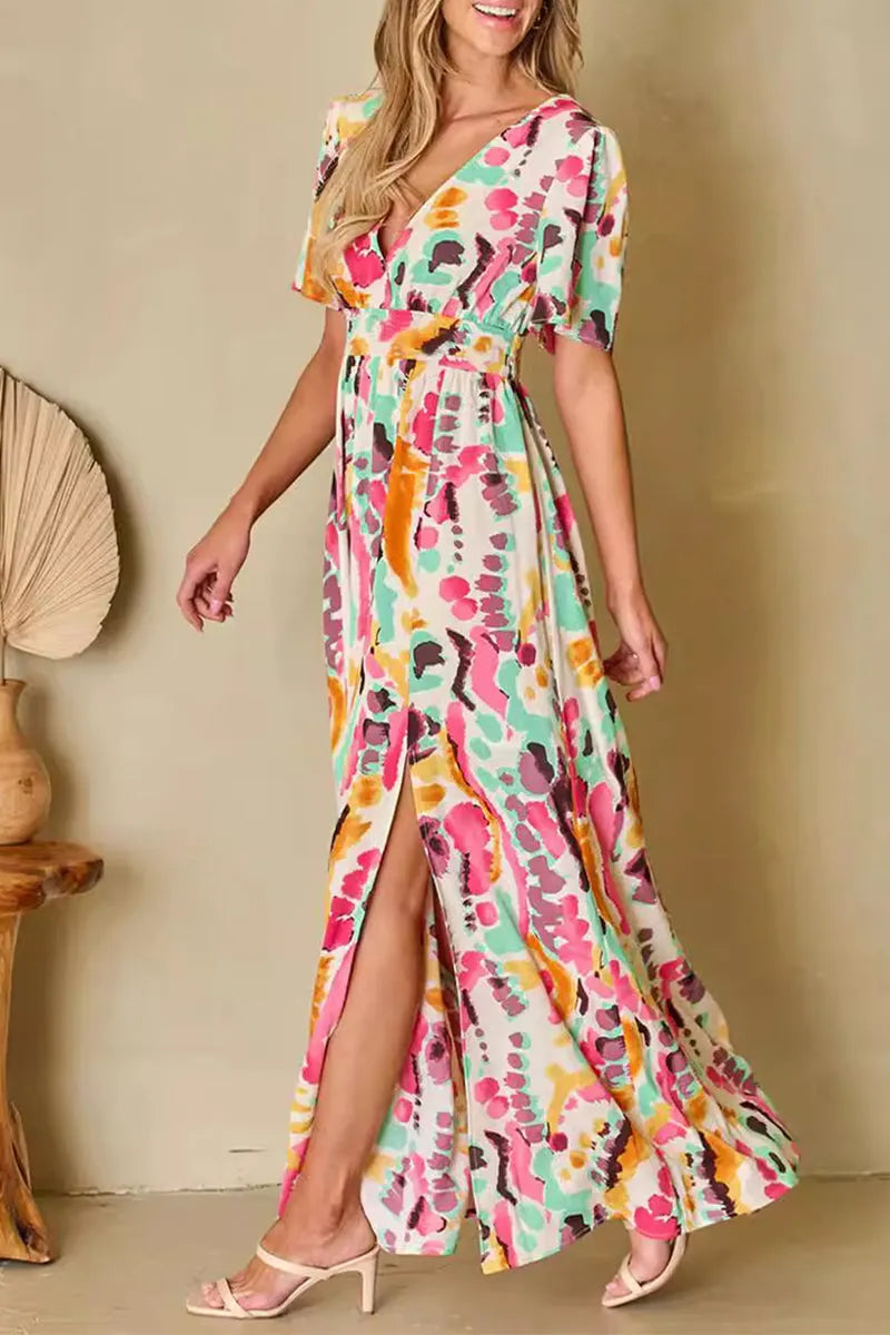 Print Color Block Backless Contrast V Neck a Line Dresses