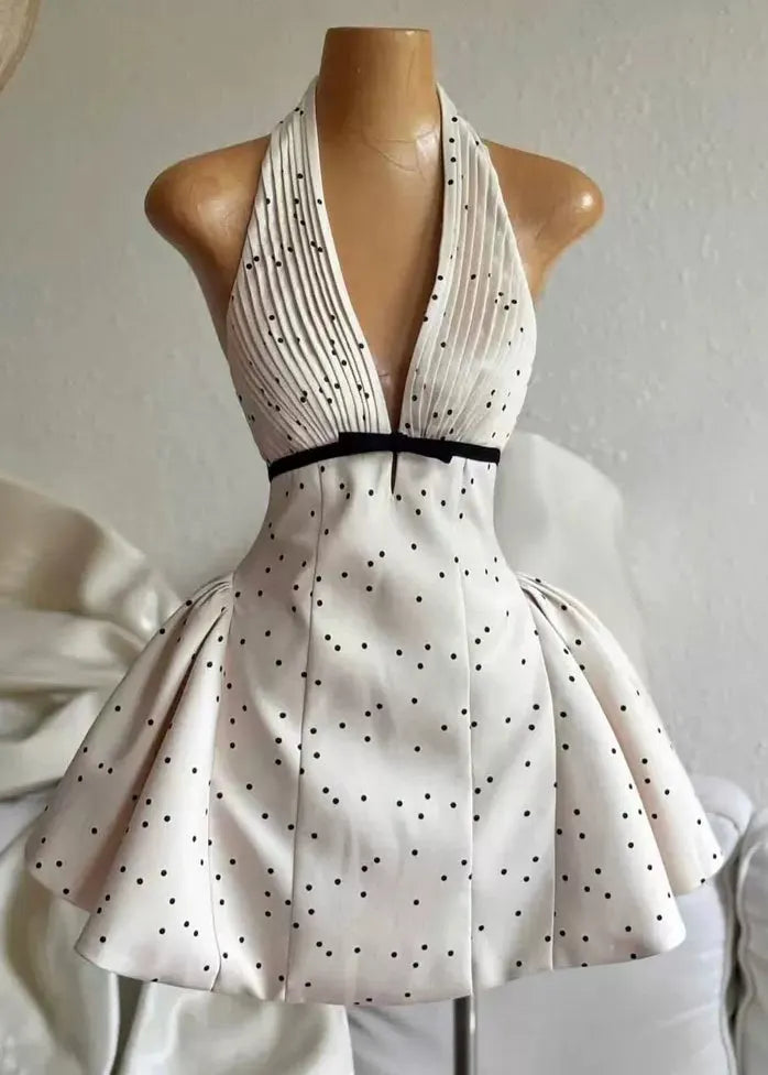 Beige V Neck Backless Dot Cotton Mini Dress Sleeveless