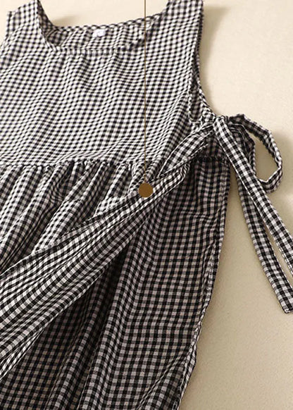 Black Plaid Linen Party Dress O-neck Lace Up Wrinkled Sleeveless