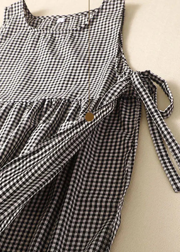Black Plaid Linen Party Dress O-neck Lace Up Wrinkled Sleeveless