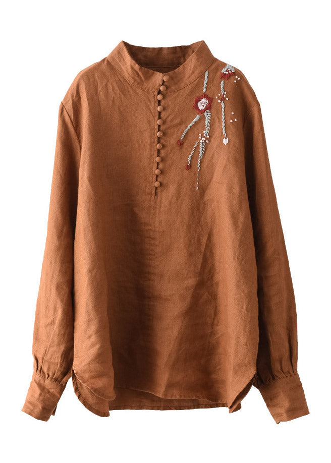 Navy Stand Collar Embroidered Button Linen Shirts Long Sleeve
