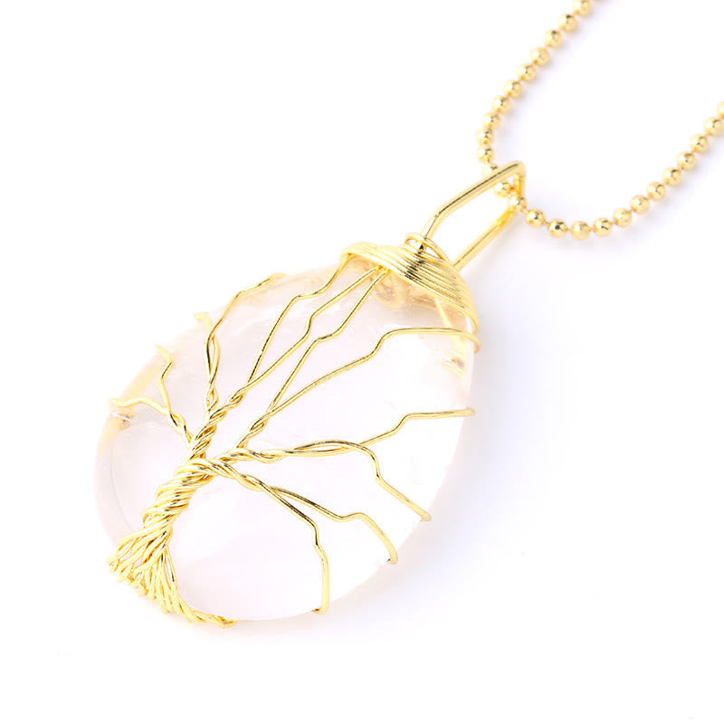 Buddha Stones Natural Quartz Crystal Tree of Life Healing Energy Necklace Pendant