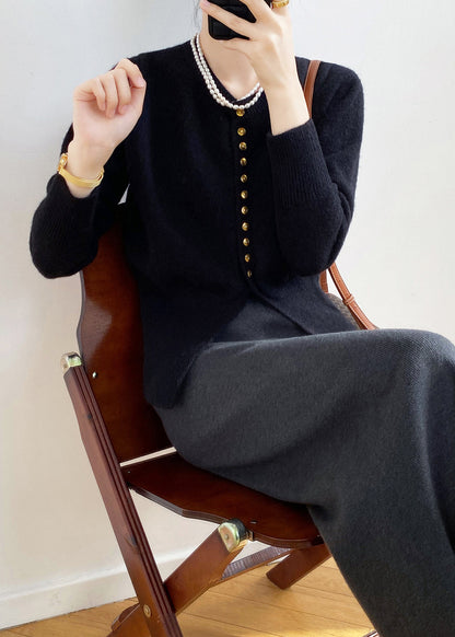 Black O Neck Button Fitted Knit Cardigan Fall
