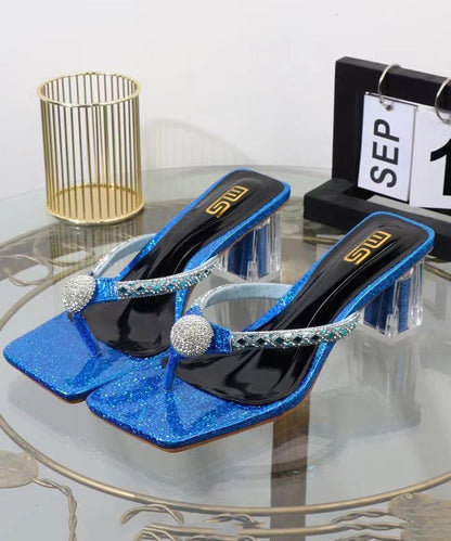 Blue Chunky Heel Flip Flops Blue Faux Leather Zircon