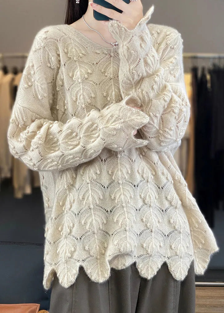Light Camel V Neck Hollow Out Woolen Knit Sweaters Fall