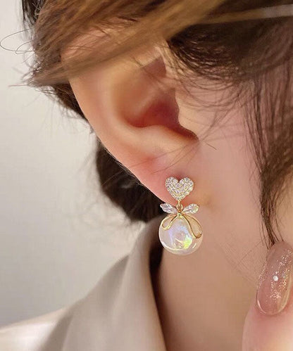 White Copper Overgild 14k Gold Pearl Zircon Bow Drop Earrings