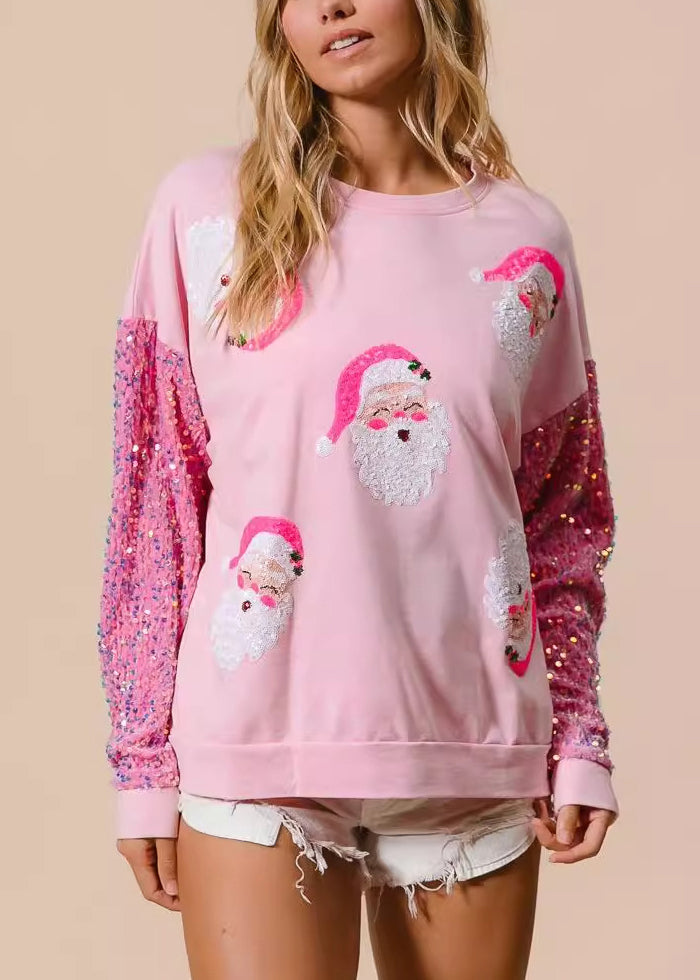 New Pink Sequin Spliced Christmas Long Sleeved Sweatshirt