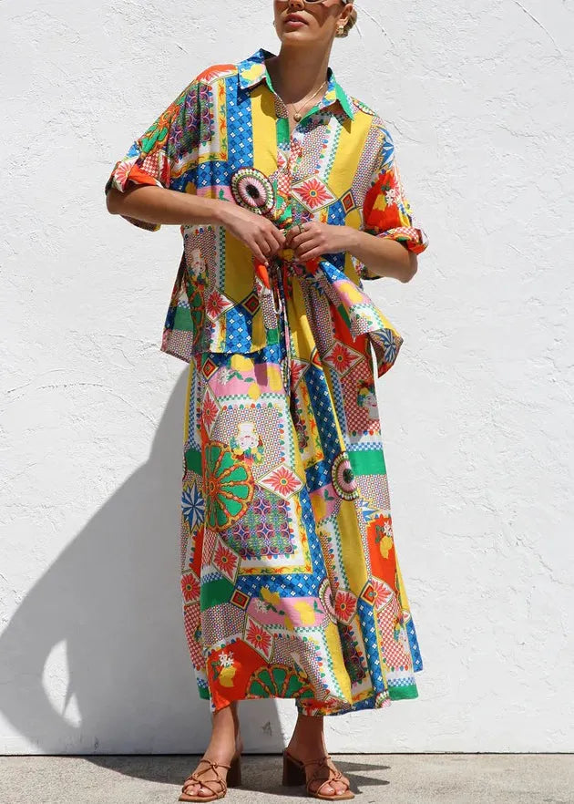 Print Shirts and Maxi Skirts Two Piece Set Short Sleeve