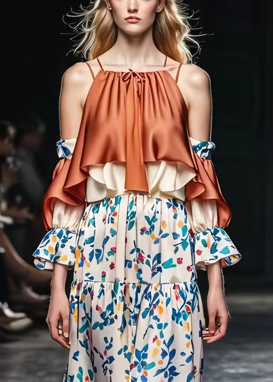 Brown Cold Shoulder Patchwork Print Silk Dresses Spring