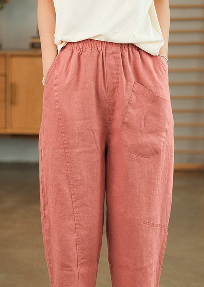 Loose Pink Pockets Linen Crop Pants Summer