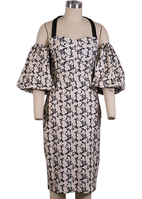 New Apricot Printed Off Shoulder Cotton Dress Lantern Sleeve