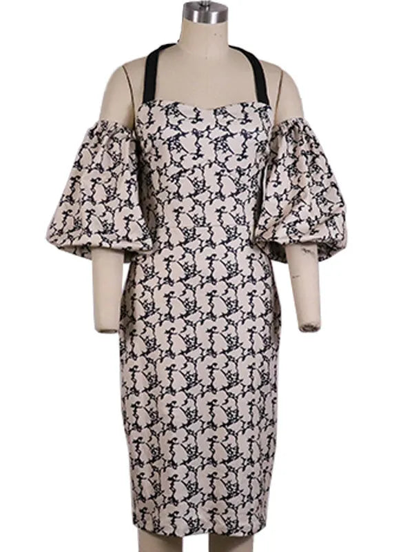 New Apricot Printed Off Shoulder Cotton Dress Lantern Sleeve
