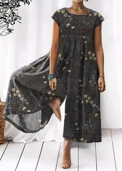 Khaki O Neck Print Cotton Jumpsuits Summer