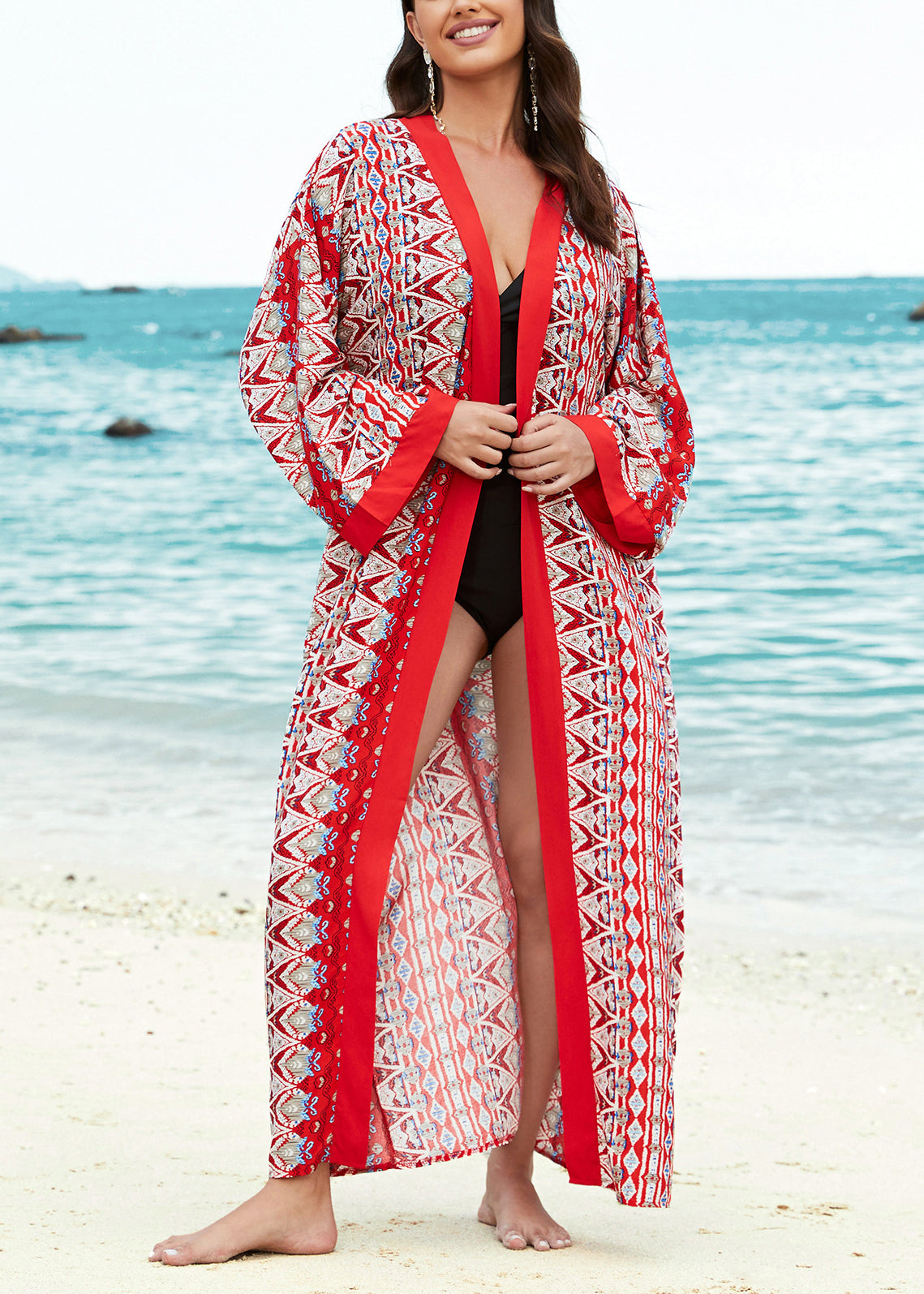 Natural Red V Neck Print Lace Up Cotton Loose Cardigans Summer
