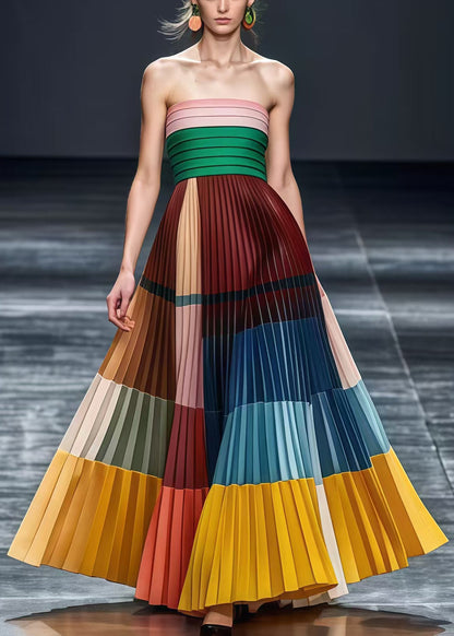 Original Design Multicolor Patchwork Wrinkled Chiffon Strapless Dresses