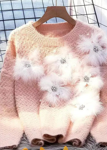 Blue O-neck Zircon Mink Hair Patchwork Thick Cotton Knit Sweater Winter