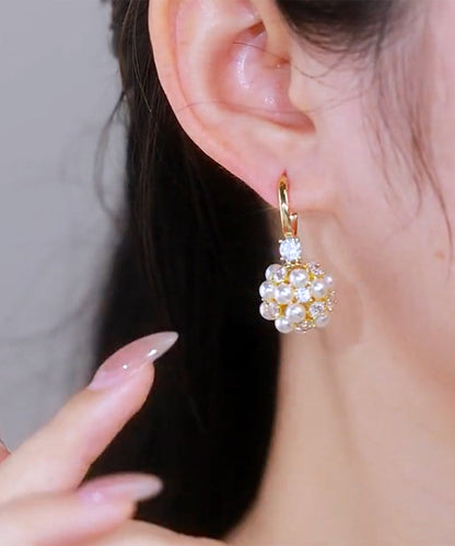 Gold Alloy Pearl Zircon Drop Earrings