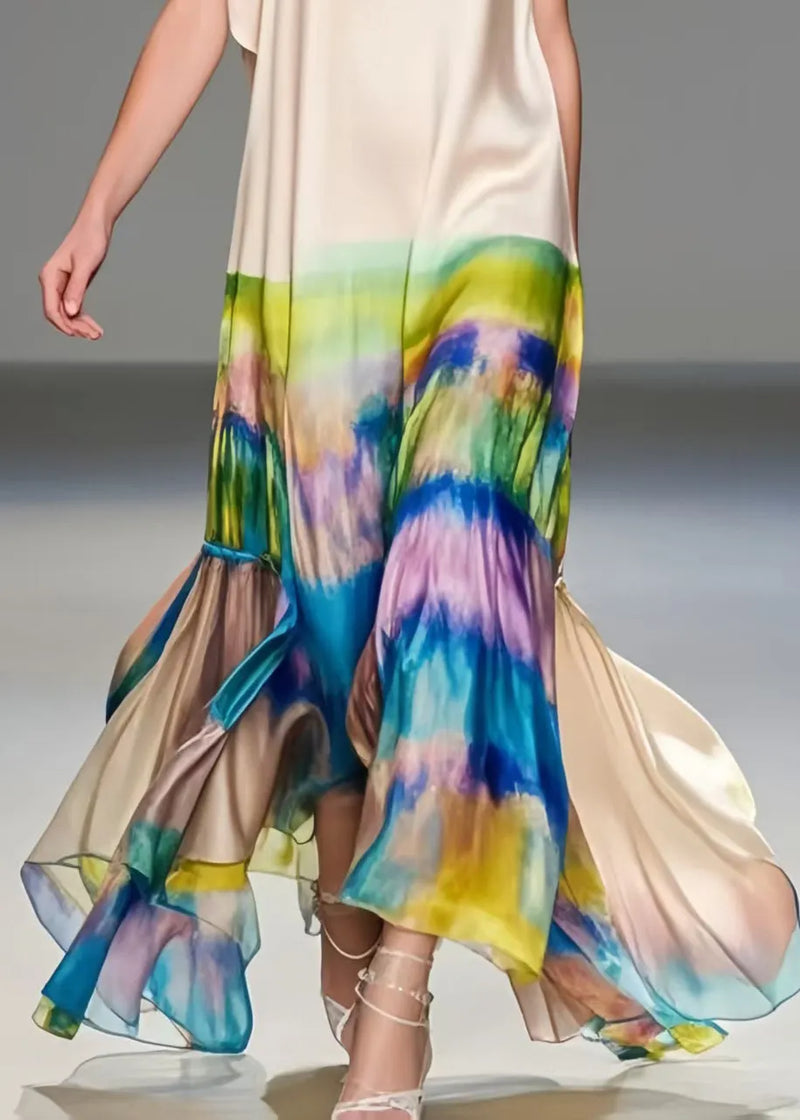 Unique Apricot Cold Shoulder Tie Dye Silk Long Dresses Sleeveless