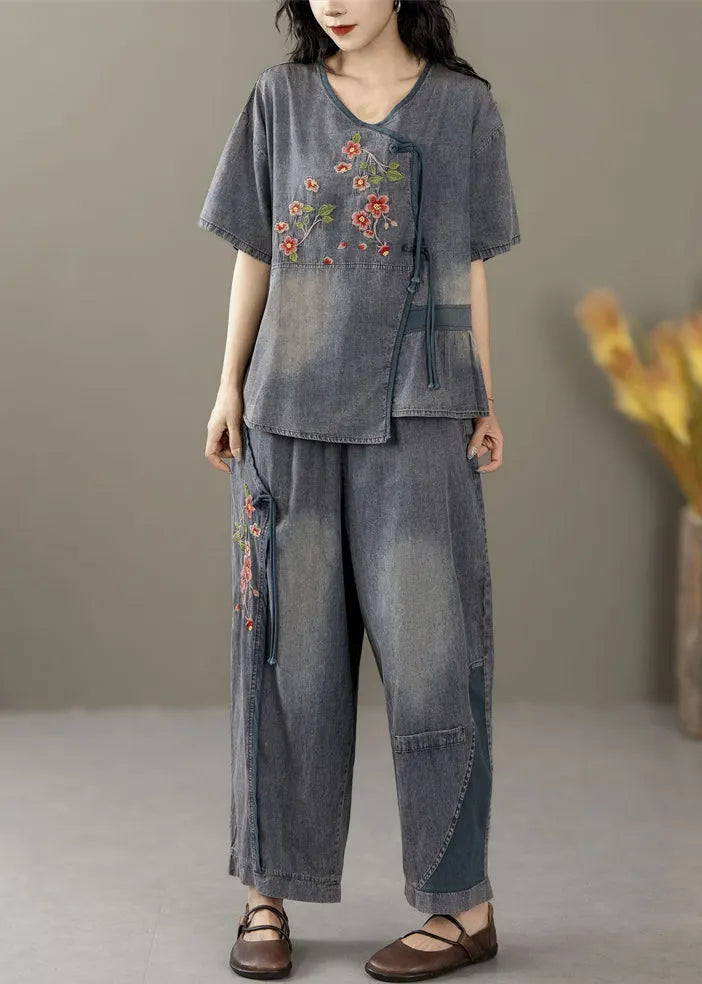 Blue Embroidered Tops and Crop Pants Denim Two Pieces Set Summer