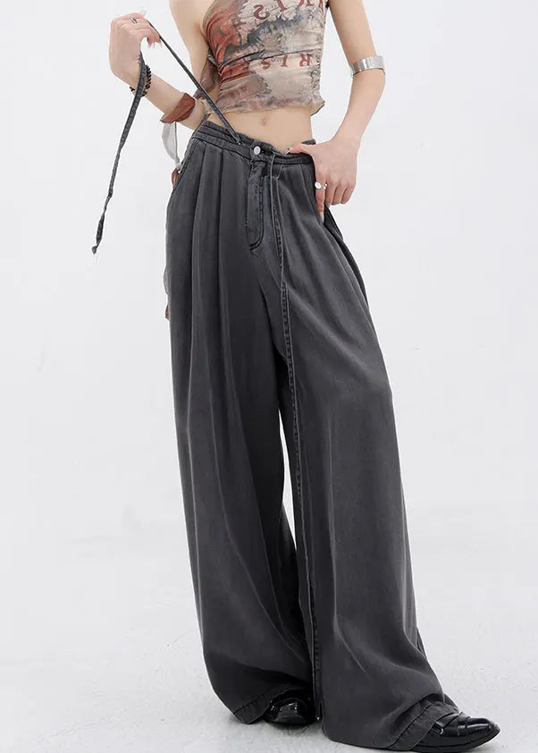 Stylish Grey Pockets Drawstring Denim Wide Leg Pants Summer