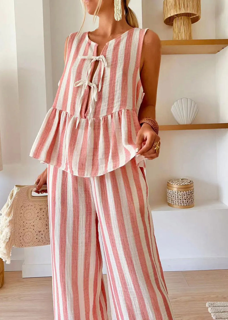 Pink Striped O-neck Top and Wide Leg Pants Two Piece Set Summer