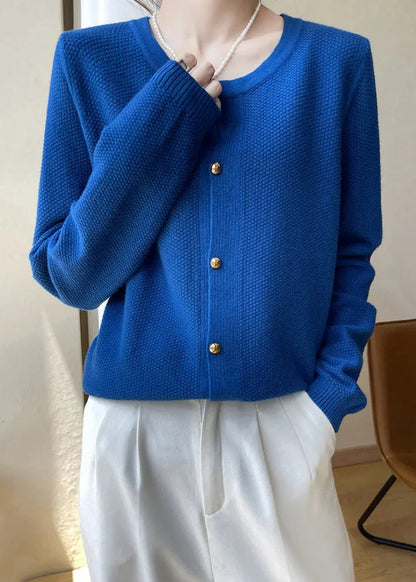 Blue O Neck Button Patchwork Cotton Knit Coats Fall