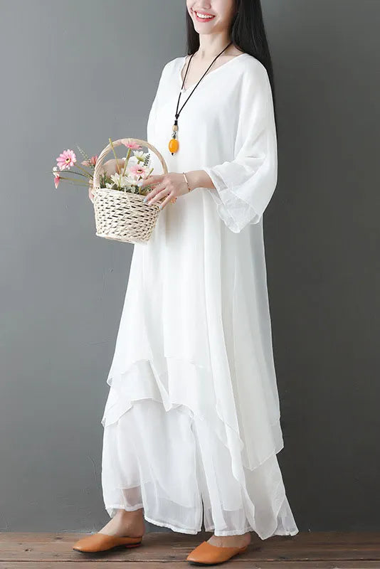 Spring Cotton Blend Long Sleeve Dress Loose Two Piece